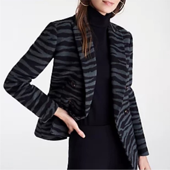 Ann Taylor Green Zebra Print Wool Coat‎ Double Breasted Statement Blazer Petite - Picture 10 of 10